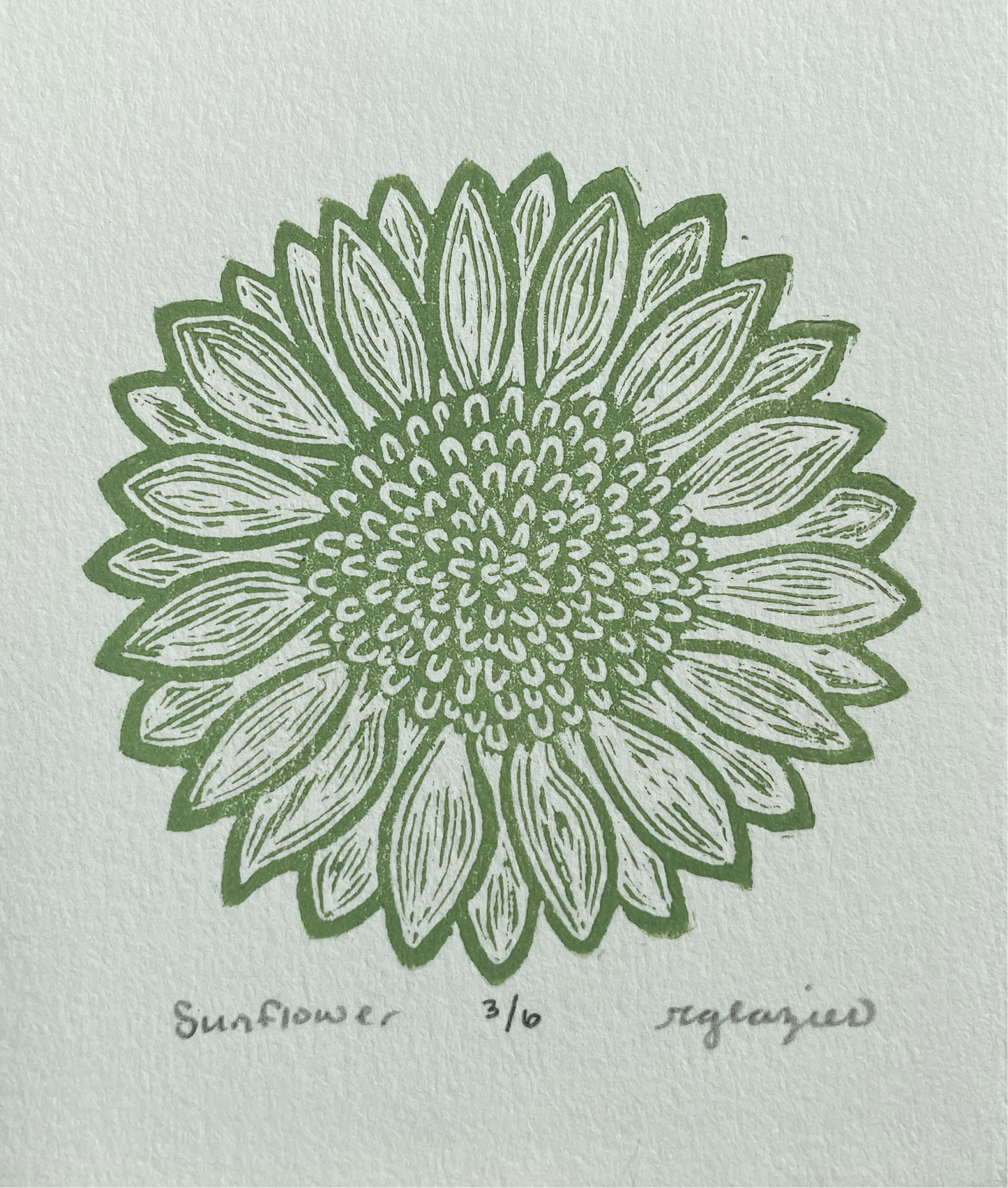 Sunflower Relief Print in Sage 4x5” mini print original linocut