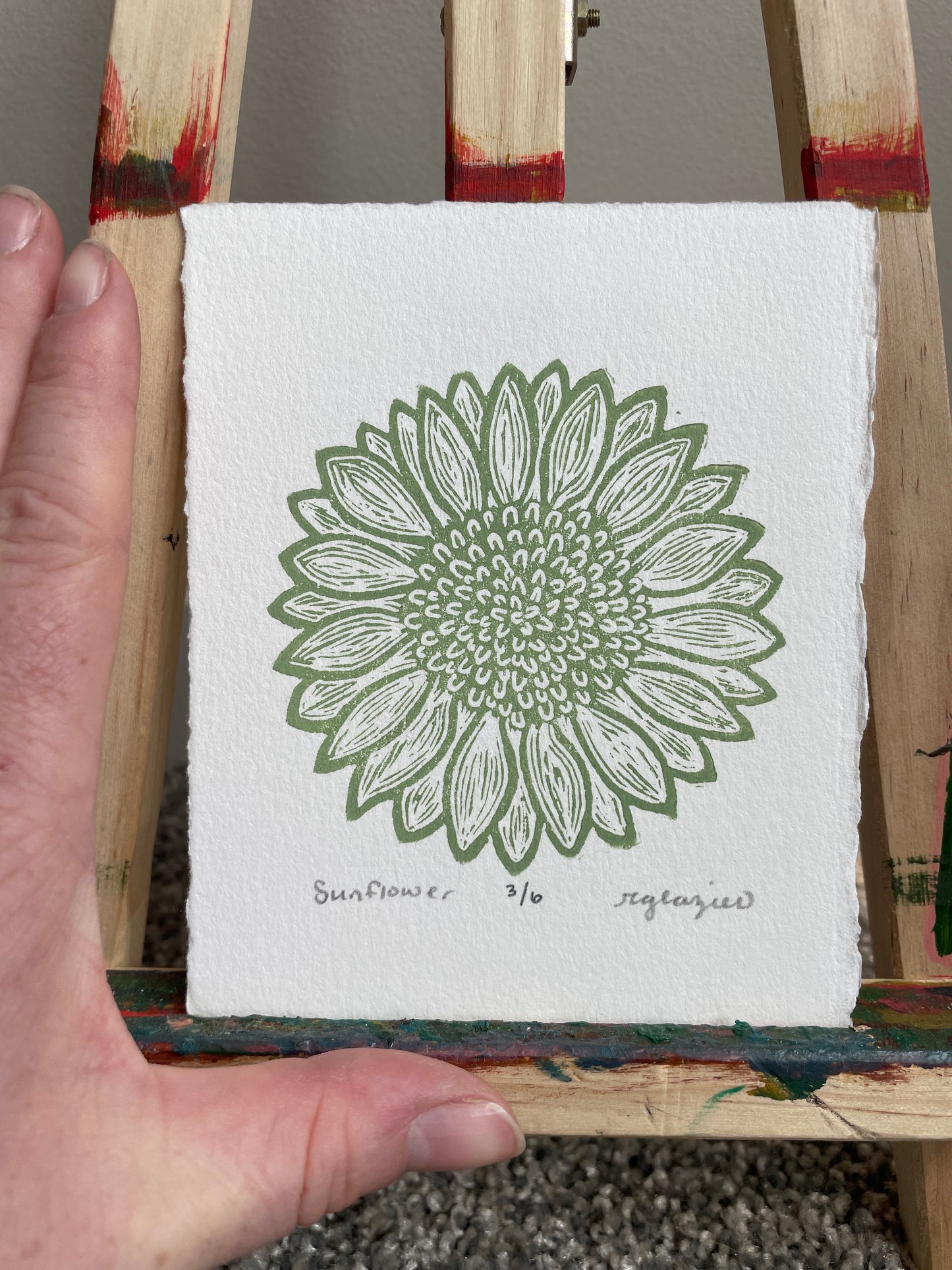 Sunflower Relief Print in Sage 4x5” mini print original linocut