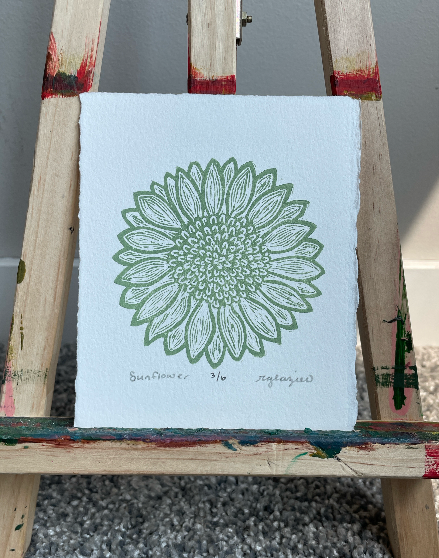 Sunflower Relief Print in Sage 4x5” mini print original linocut