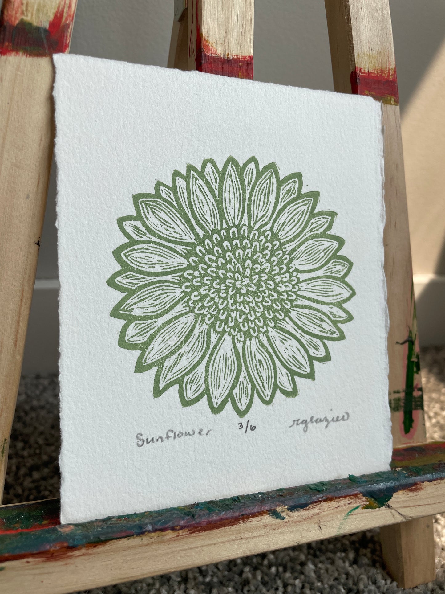 Sunflower Relief Print in Sage 4x5” mini print original linocut