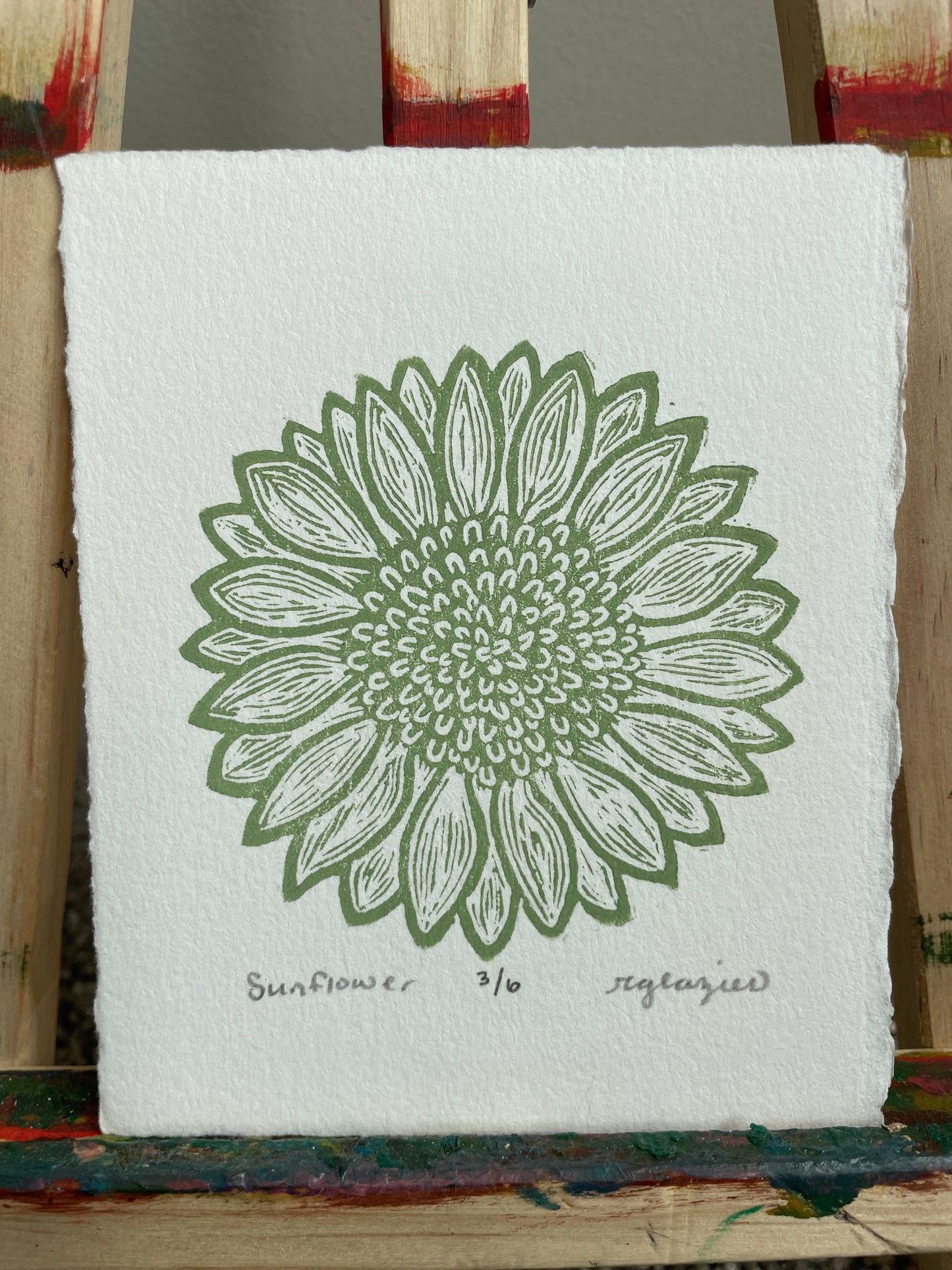 Sunflower Relief Print in Sage 4x5” mini print original linocut