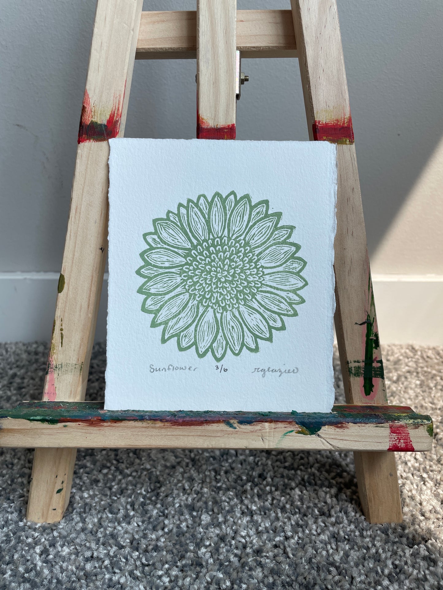 Sunflower Relief Print in Sage 4x5” mini print original linocut