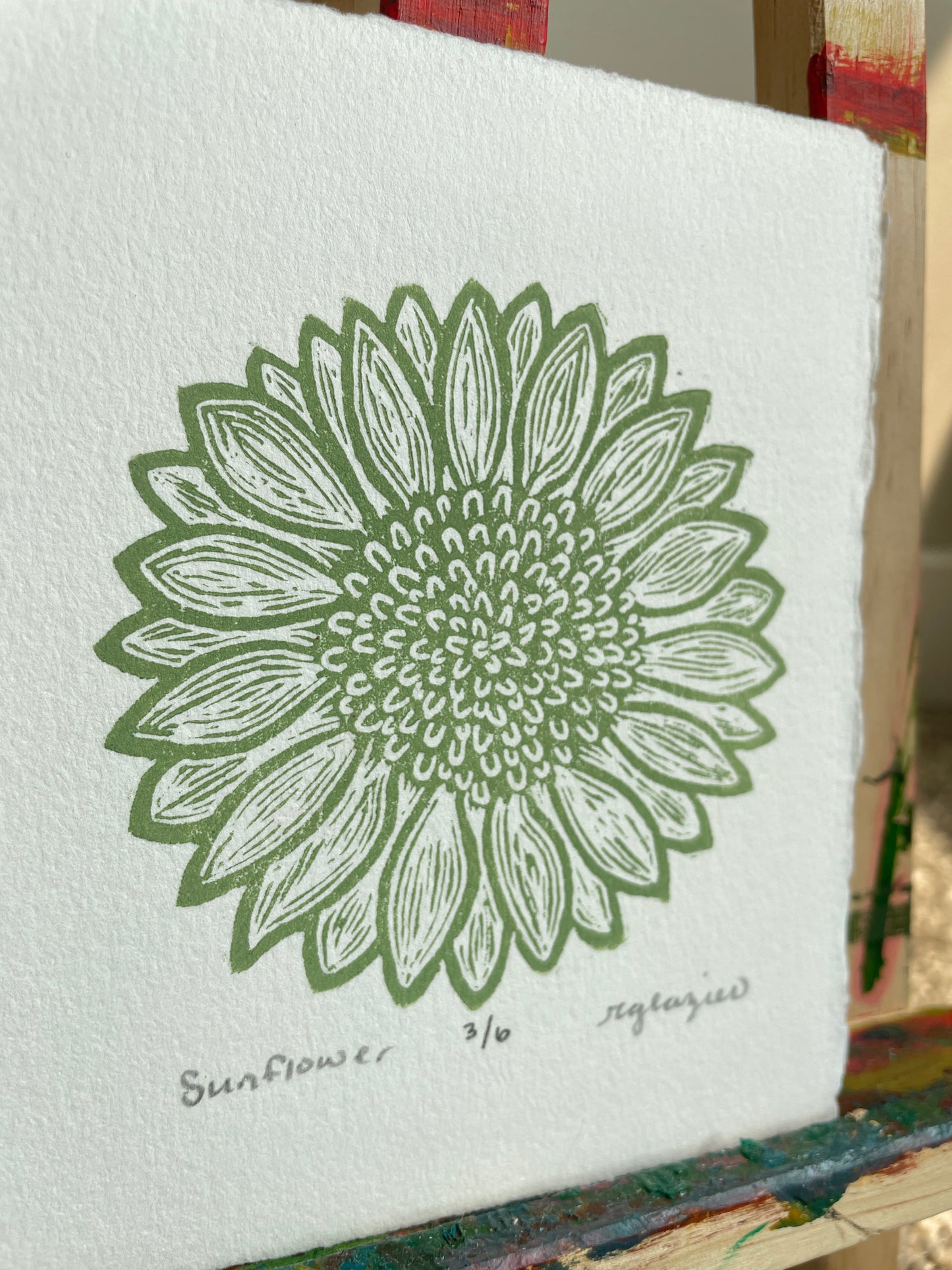 Sunflower Relief Print in Sage 4x5” mini print original linocut