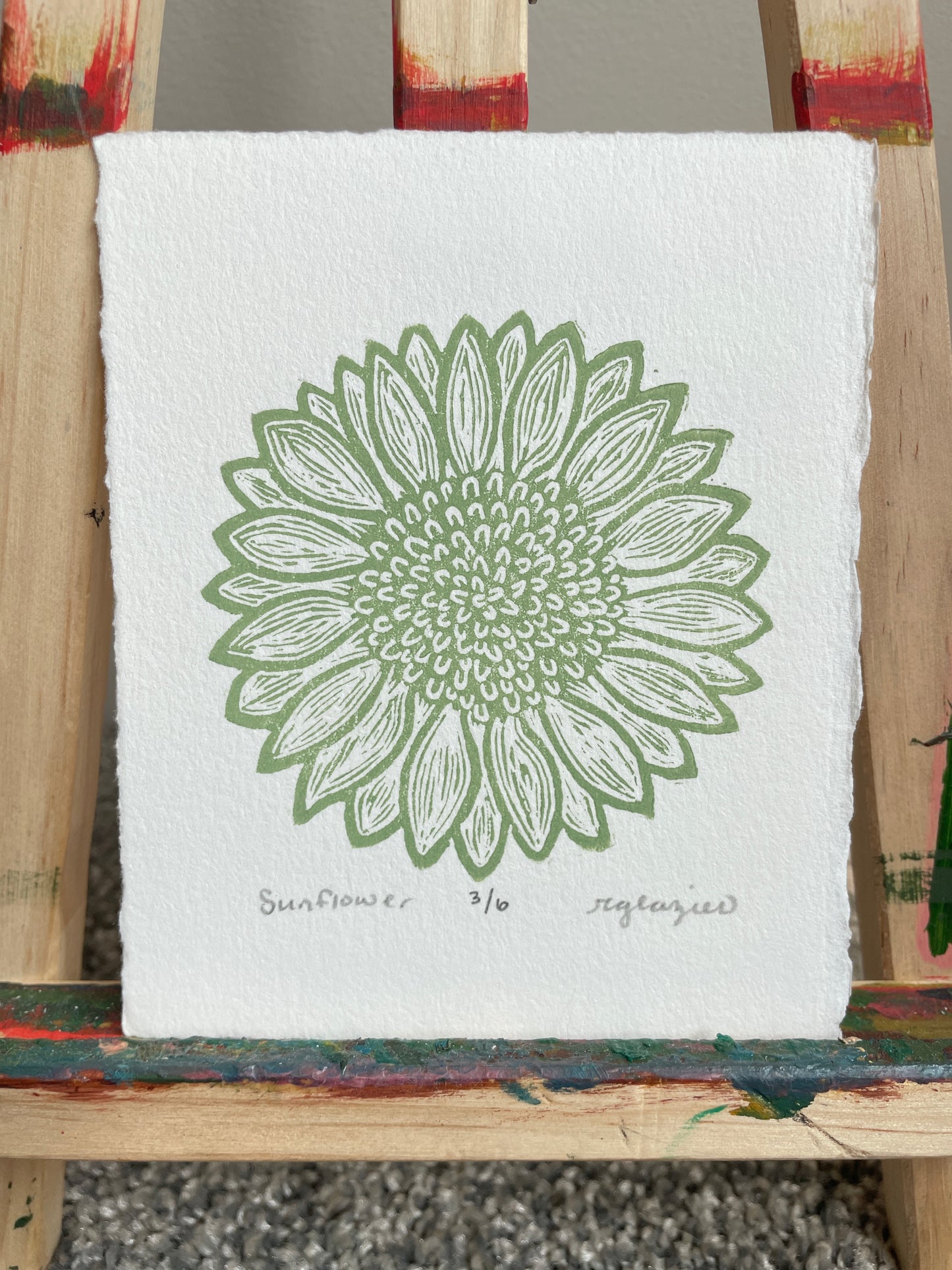 Sunflower Relief Print in Sage 4x5” mini print original linocut