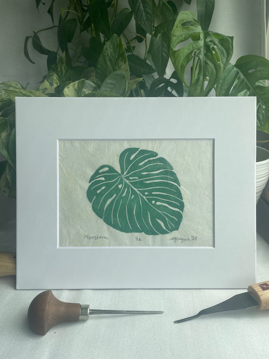 Monstera Leaf matted to 8x10”