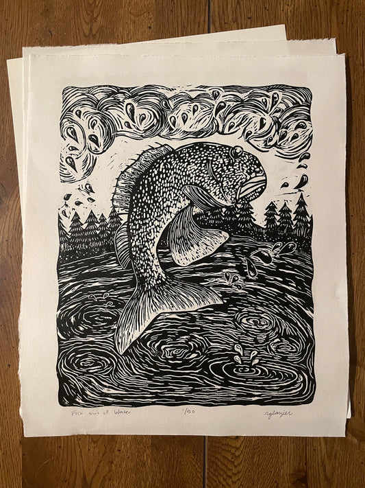 Fish , Original Limited Edition Art Linoleum Relief Block Print by R. Glazier