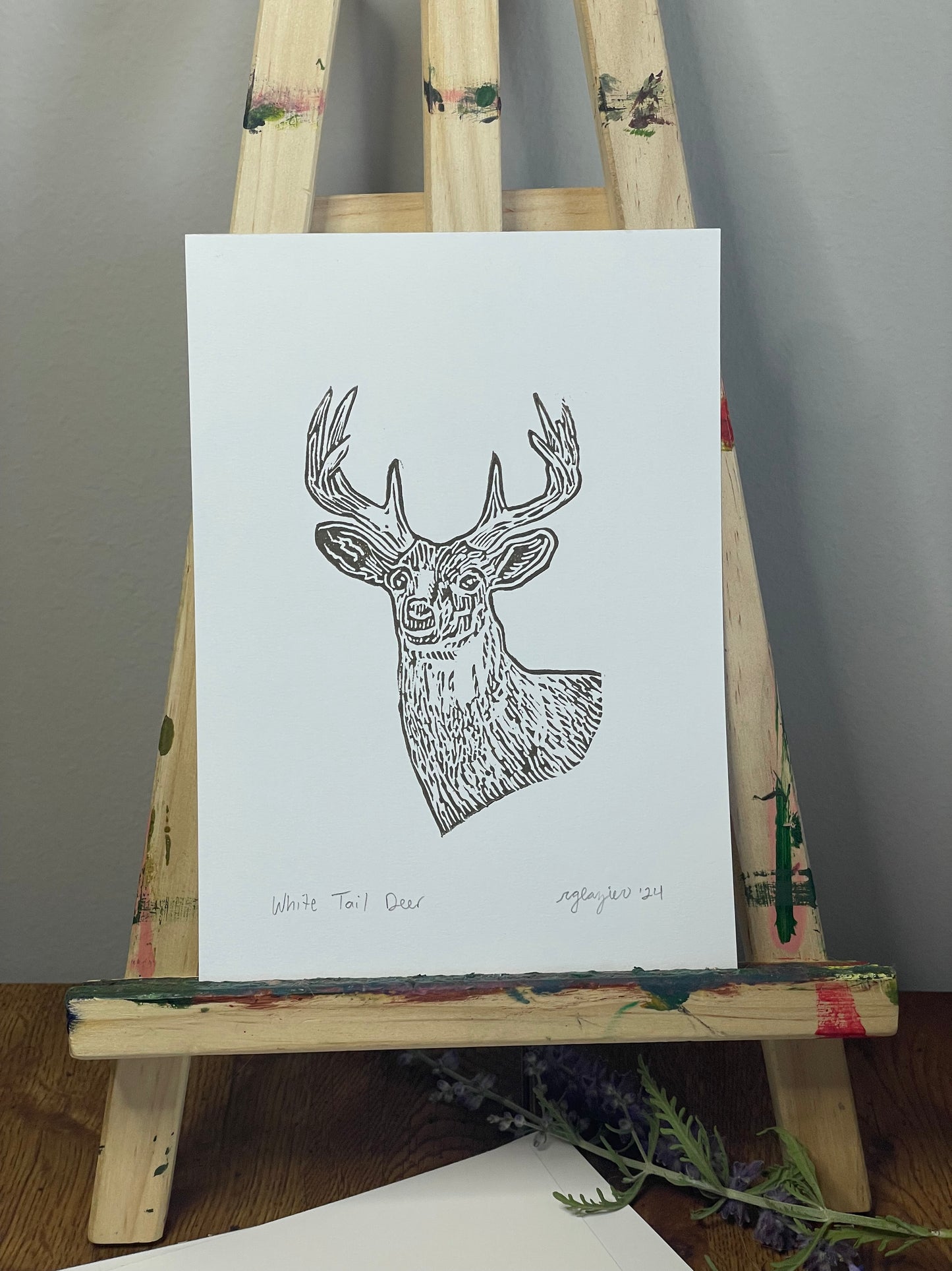 White Tail Deer 5x7” Linocut Relief Print