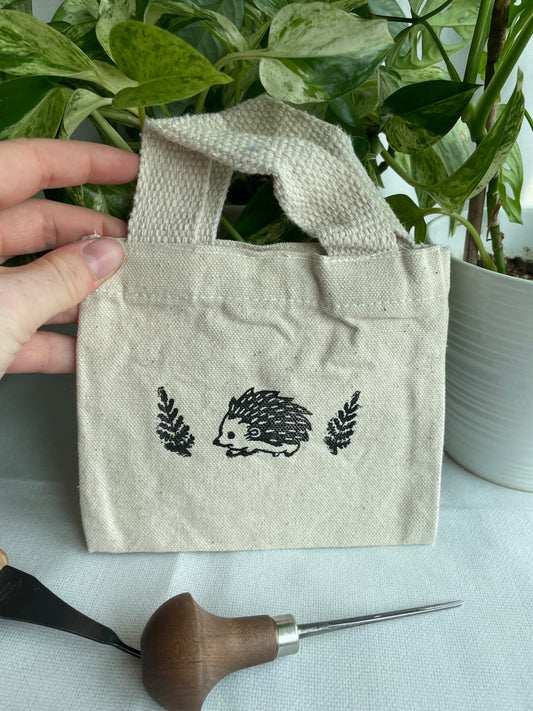 Hedgehog and Ferns Linocut Mini Canvas Tote Bag