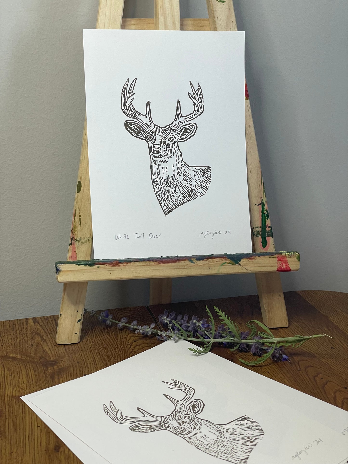 White Tail Deer 5x7” Linocut Relief Print