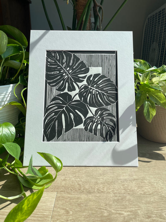 Monstera Leaves Linocut Print in Black ink (matted to 11x14”)